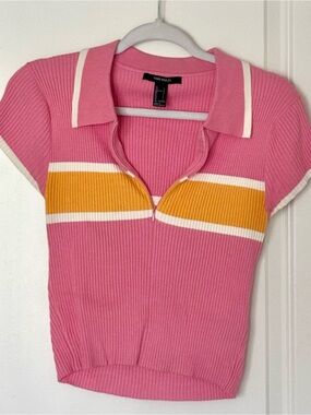 Forever 21 Pink Ribbed Polo Crop Top with Yellow Stripe